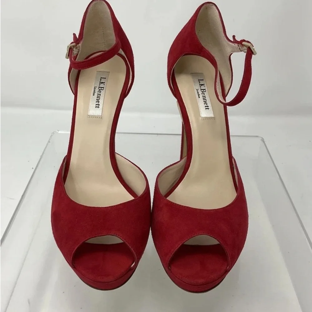 LK Bennett Red Suede Peep-Toe Ankle-Strap Heels